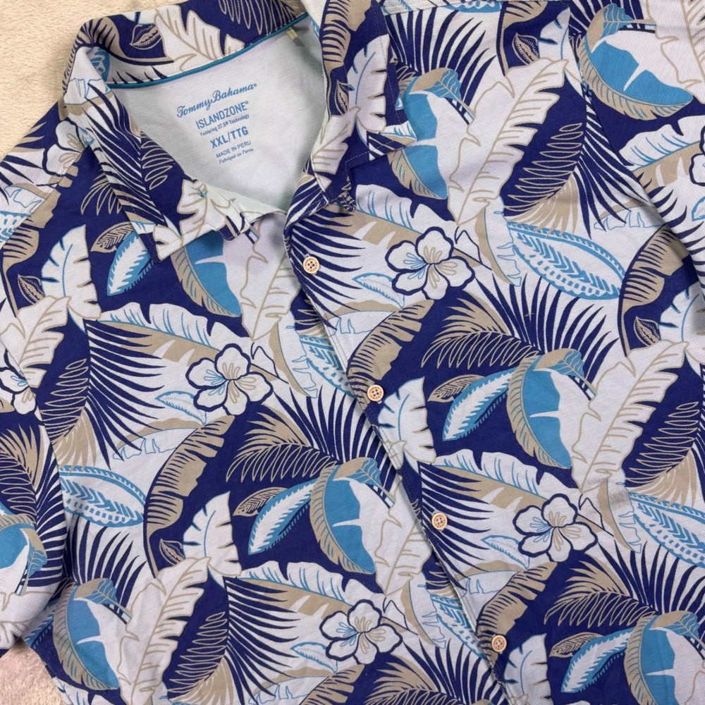 Tommy Bahama Mens Shirt XXL Blue Tropical IslandZone 37.5 Palm Floral Button Up